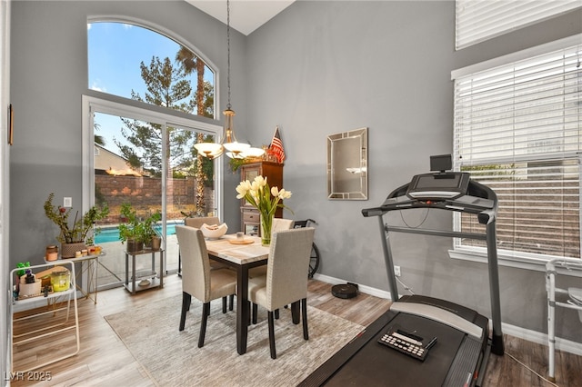 dining space featuring a notable chandelier, a towering ceiling, and light hardwood / wood-style flooring