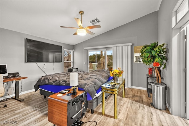 bedroom featuring ceiling fan, lofted ceiling, access to exterior, and light wood-type flooring