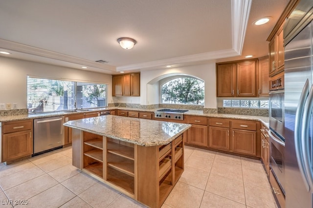 kitchen featuring sink, a center island, a raised ceiling, stainless steel appliances, and light stone countertops