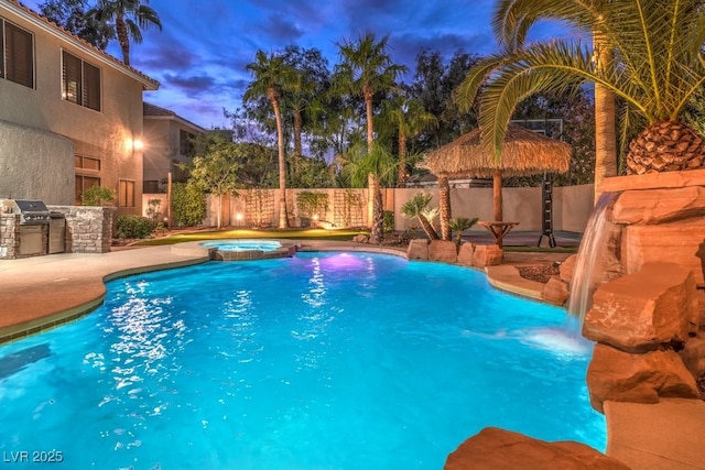 pool at dusk featuring a gazebo, area for grilling, an in ground hot tub, and a patio area