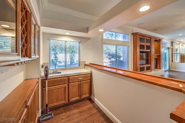 bar featuring dark wood-type flooring, ornamental molding, sink, and plenty of natural light