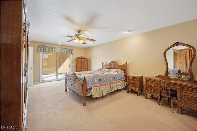 bedroom featuring ceiling fan, light carpet, and access to outside