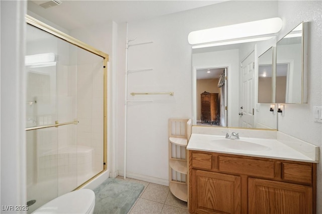 bathroom featuring tile patterned flooring, vanity, an enclosed shower, and toilet