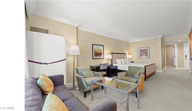 bedroom featuring crown molding and light carpet