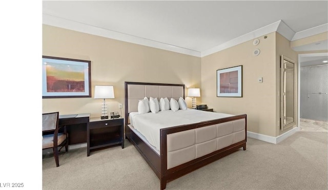 carpeted bedroom featuring ornamental molding