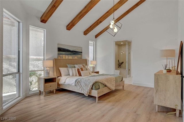 bedroom with high vaulted ceiling, beam ceiling, and light hardwood / wood-style floors