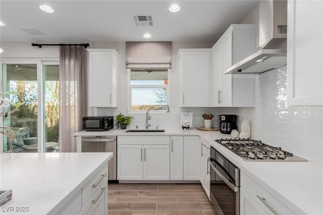 kitchen with appliances with stainless steel finishes, sink, white cabinets, and wall chimney exhaust hood