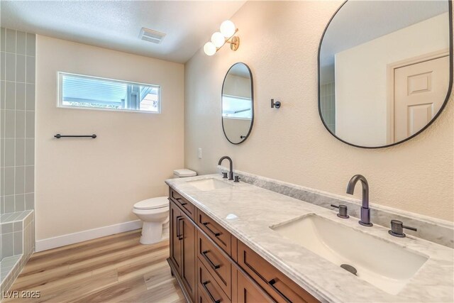 bathroom with vanity, wood-type flooring, and toilet