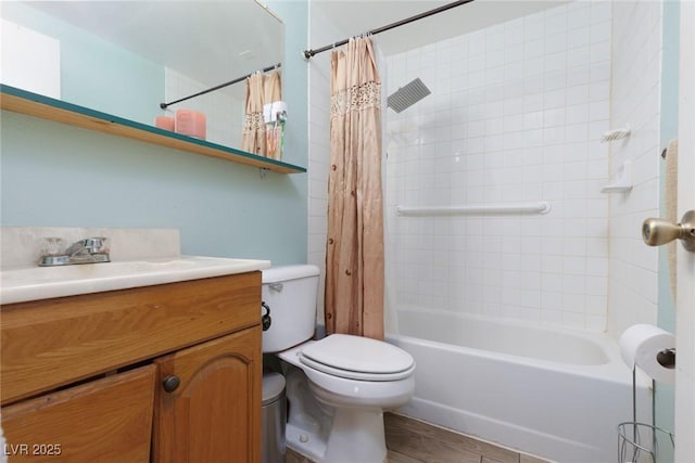 full bath featuring toilet, shower / tub combo, and vanity