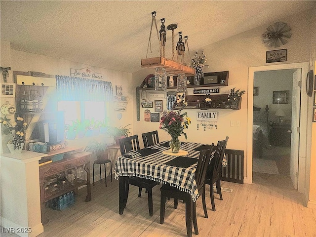 dining space featuring vaulted ceiling, a textured ceiling, and light wood-type flooring