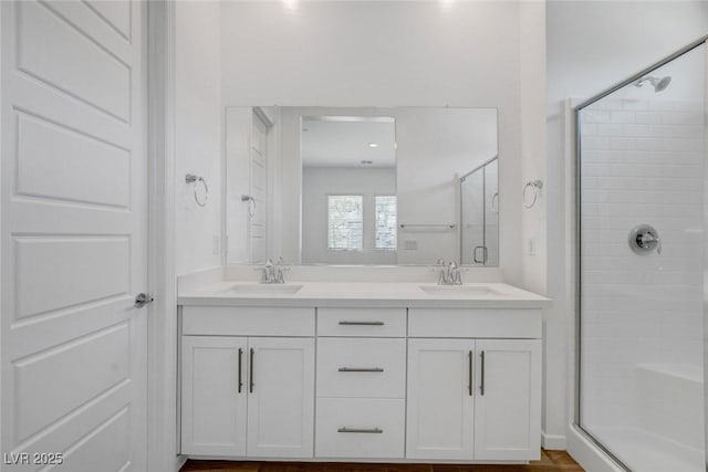 bathroom featuring vanity and a shower with shower door