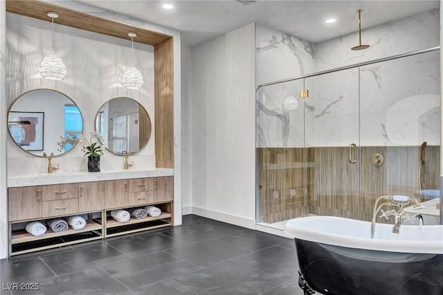 bathroom with recessed lighting, a soaking tub, a sink, and double vanity