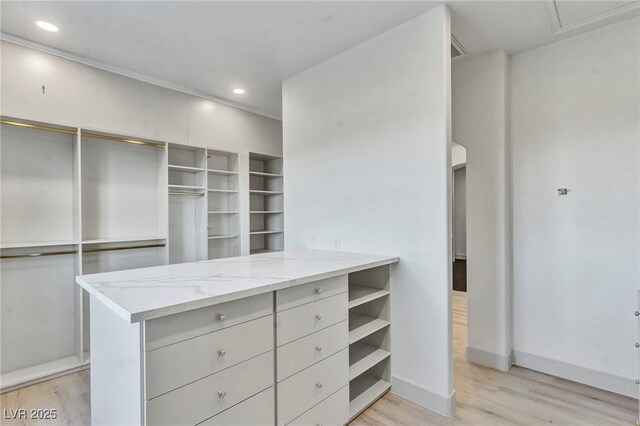 spacious closet with light hardwood / wood-style flooring