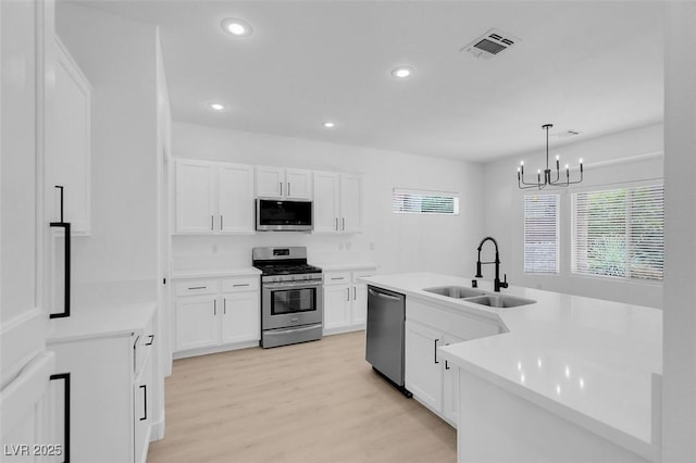 kitchen featuring sink, white cabinetry, appliances with stainless steel finishes, pendant lighting, and light hardwood / wood-style floors