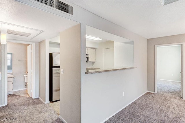 hall featuring light colored carpet and a textured ceiling