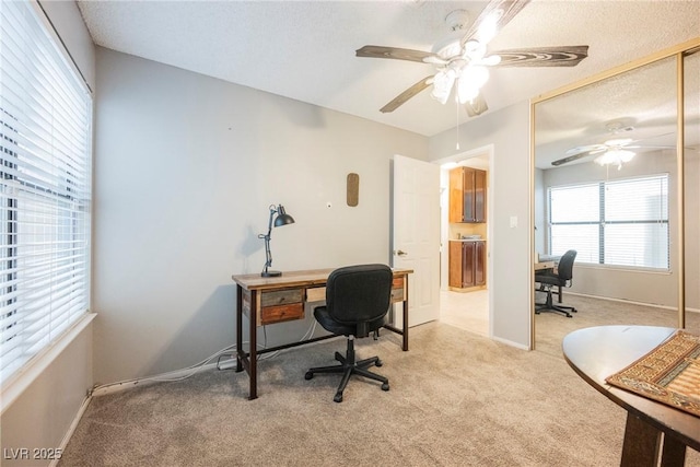 carpeted office featuring ceiling fan and a textured ceiling