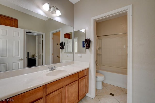 full bath featuring shower / bathing tub combination, vanity, toilet, and tile patterned floors