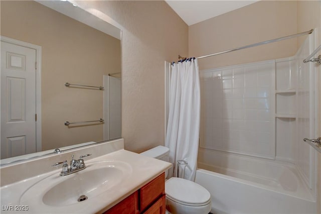 bathroom with toilet, a textured wall, shower / bath combination with curtain, and vanity