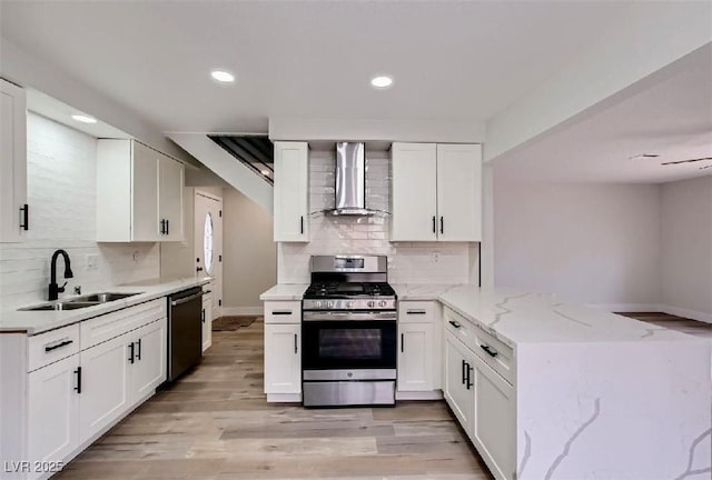 kitchen featuring sink, black dishwasher, white cabinets, gas range, and wall chimney exhaust hood