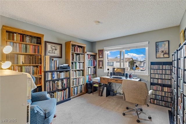 office featuring light colored carpet and a textured ceiling