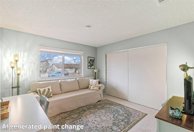 carpeted living room featuring a textured ceiling