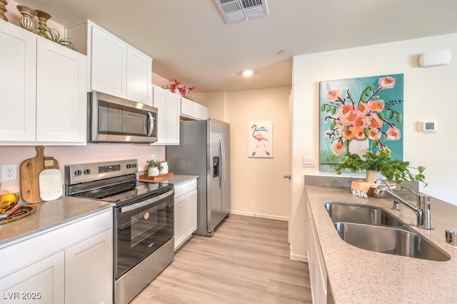 kitchen with sink, light stone counters, appliances with stainless steel finishes, light hardwood / wood-style floors, and white cabinets