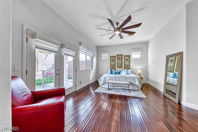 bedroom with dark hardwood / wood-style floors, ceiling fan, access to exterior, and french doors