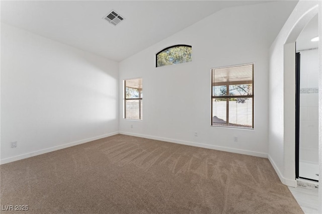 carpeted empty room featuring vaulted ceiling and plenty of natural light