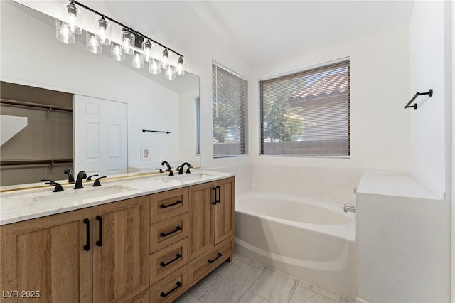 bathroom with vanity and a washtub