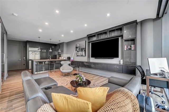 living room featuring sink and light hardwood / wood-style flooring