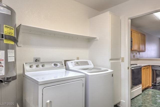 clothes washing area featuring strapped water heater and washer and clothes dryer