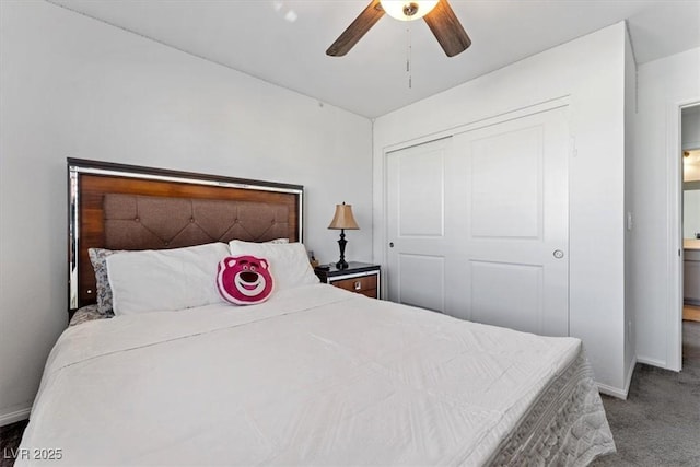 carpeted bedroom featuring ceiling fan and a closet