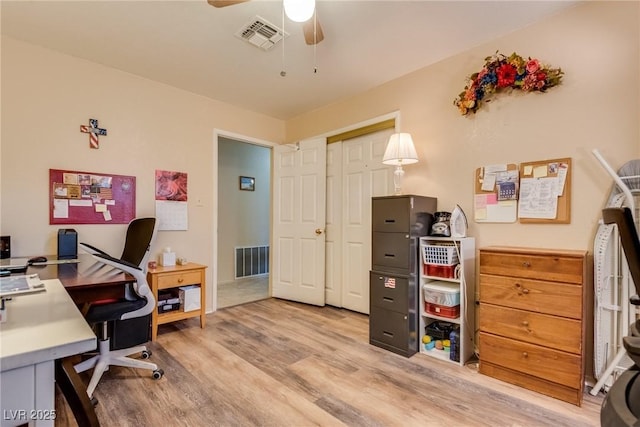 office space with light hardwood / wood-style floors and ceiling fan