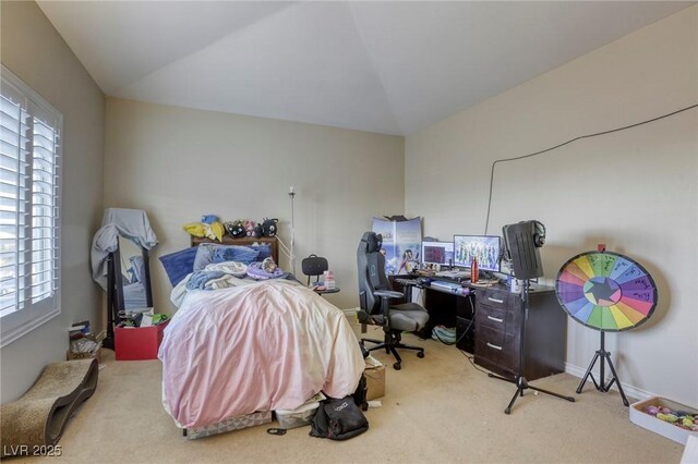 bedroom with lofted ceiling and carpet floors