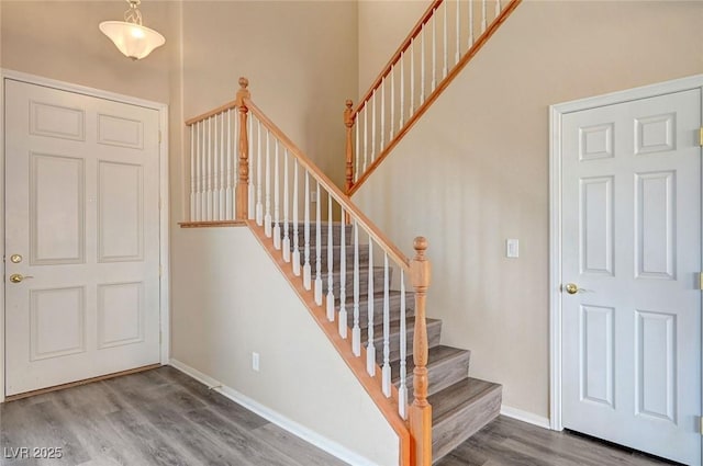 foyer entrance featuring a towering ceiling and hardwood / wood-style floors