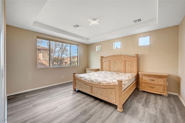 bedroom featuring wood-type flooring, a tray ceiling, and multiple windows