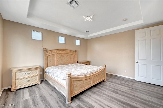 bedroom featuring a tray ceiling and wood-type flooring