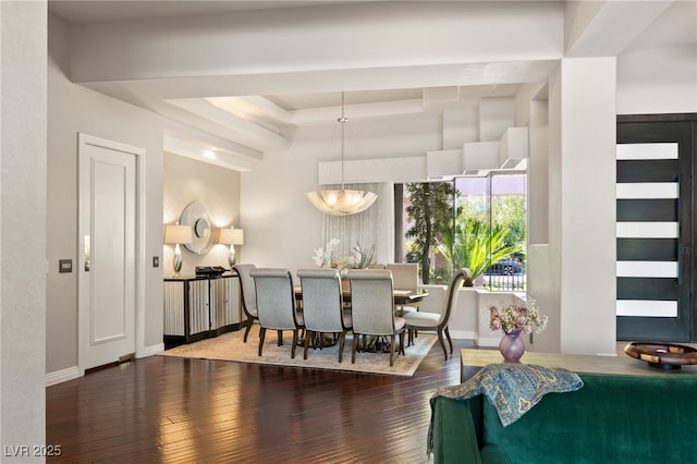 dining room featuring a raised ceiling and wood-type flooring