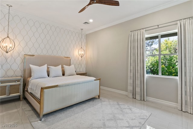 bedroom featuring ornamental molding and ceiling fan with notable chandelier