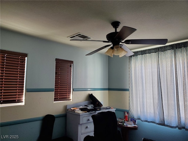 office featuring ceiling fan and visible vents