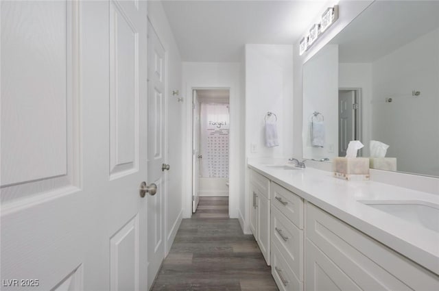 bathroom with wood-type flooring and vanity