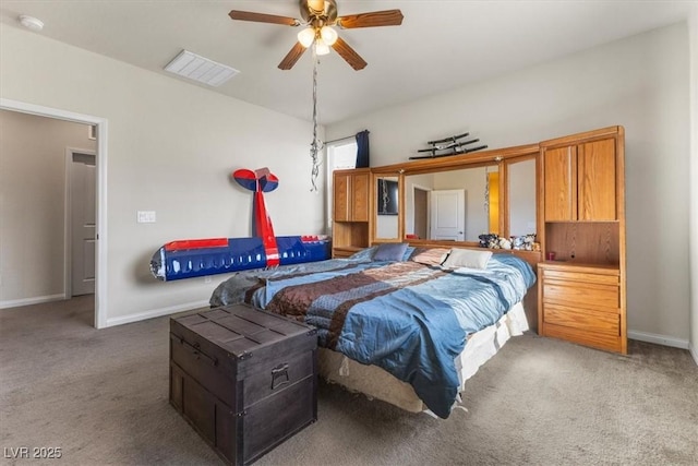 bedroom with ceiling fan and carpet