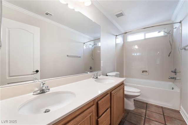 full bathroom with crown molding, shower / bath combination, vanity, tile patterned floors, and toilet