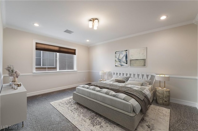 carpeted bedroom featuring crown molding