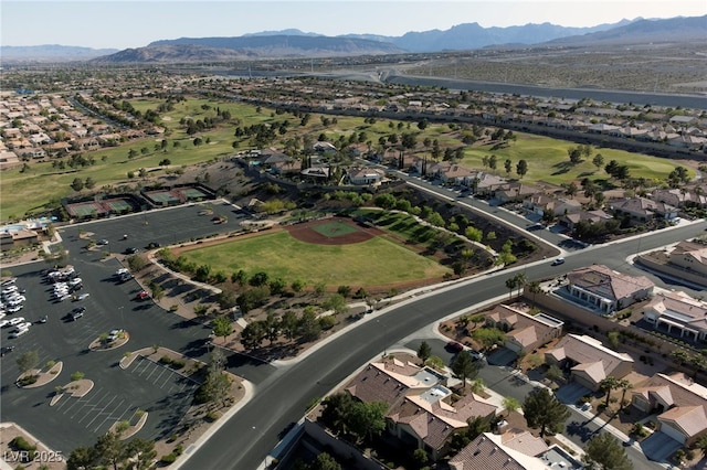 drone / aerial view featuring a mountain view