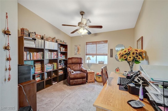 office featuring carpet and ceiling fan