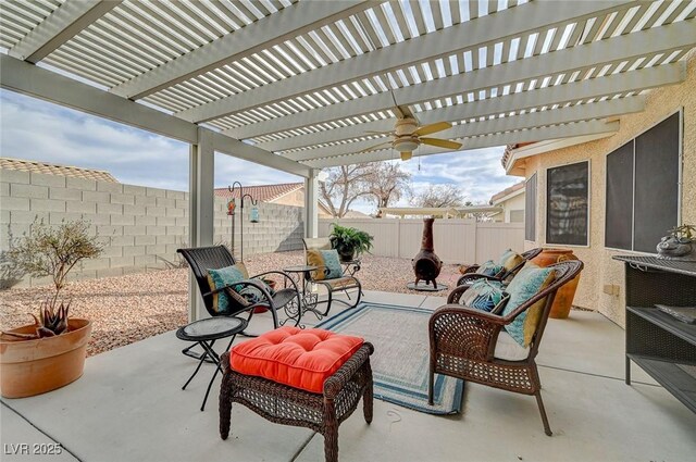 view of patio featuring an outdoor living space and a pergola