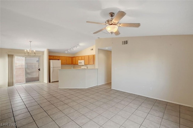 unfurnished living room featuring light tile patterned floors, baseboards, visible vents, lofted ceiling, and ceiling fan with notable chandelier