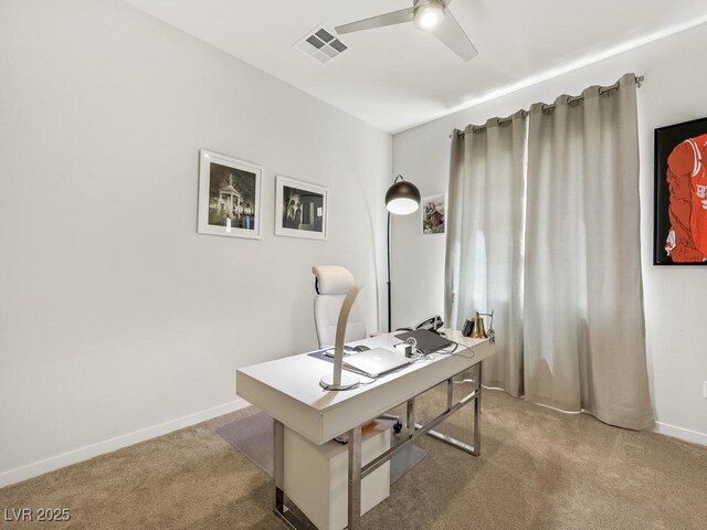 office featuring light colored carpet and ceiling fan