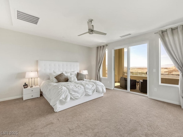 bedroom with carpet flooring, access to outside, and ceiling fan